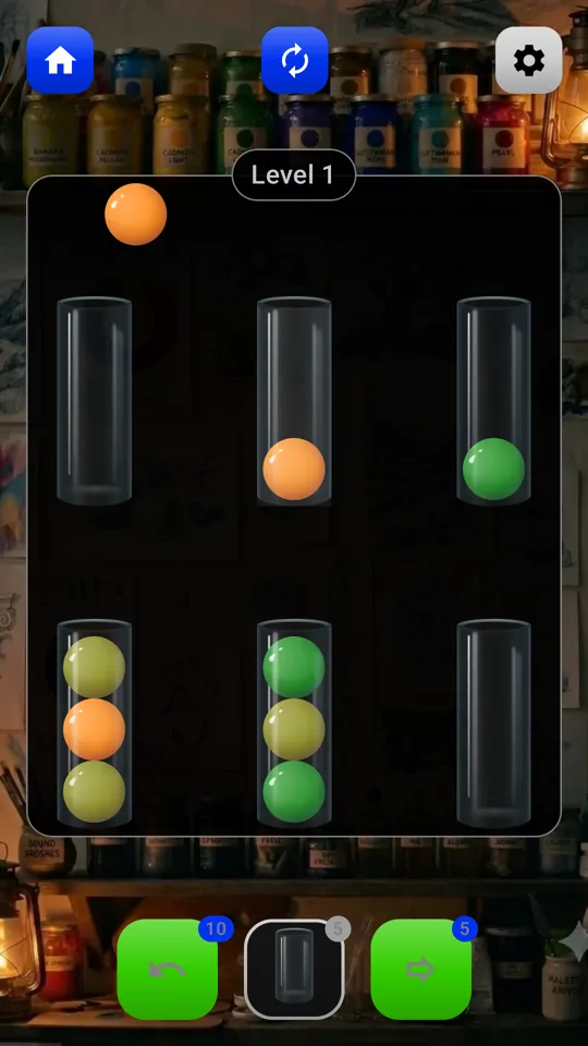 Color Sort Puzzle — sorting colored balls between glass tubes in the dark studio theme