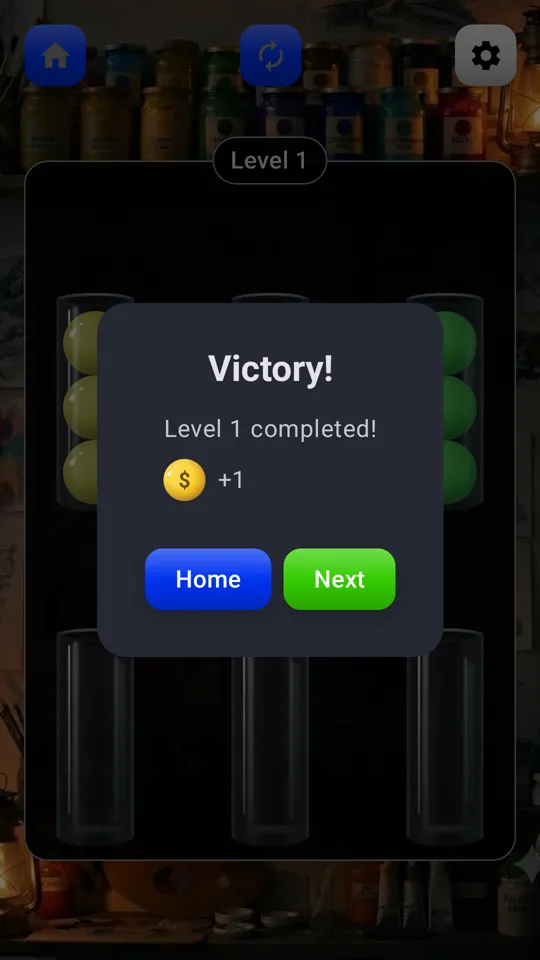 Color Sort Puzzle — level-complete victory screen with coin reward