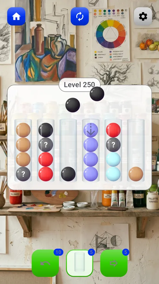 Color Sort Puzzle — a later level with hidden balls and a highlighted target tube