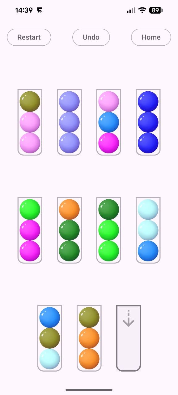 Color Sort Puzzle — sorted tubes near completion